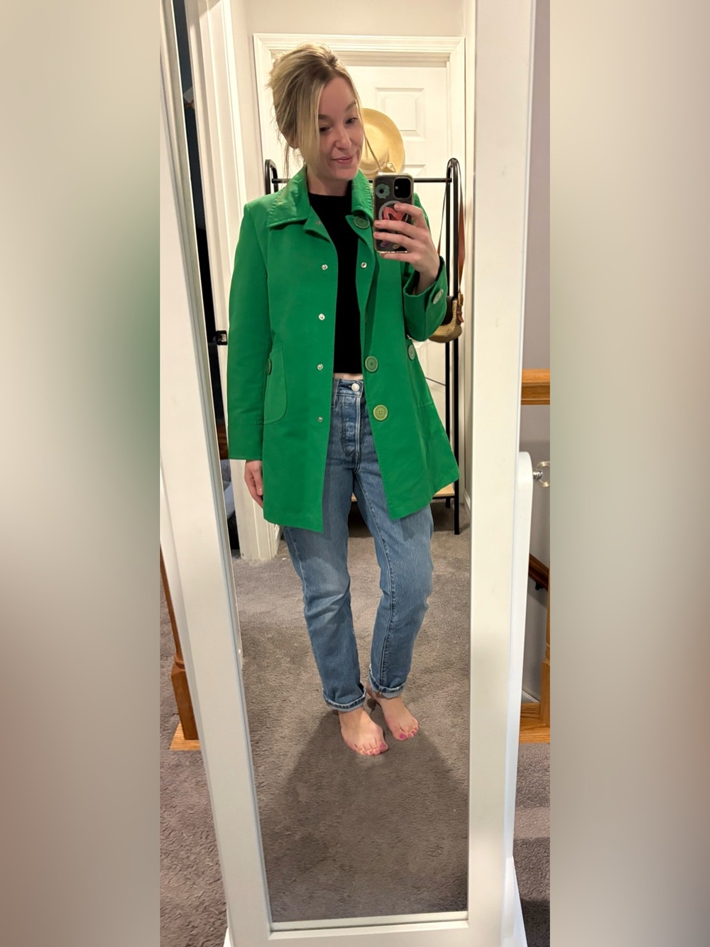 Gallery Bright Green Button-Front Rain Trench Coat - size SP